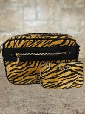 Michael Kors Charm Large Camera Crossbody Bag Nylon Tiger Print & Wallet Set